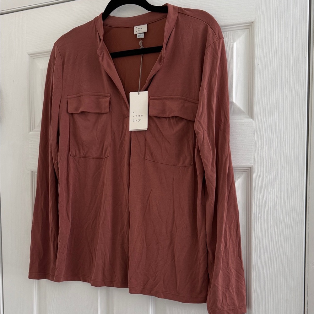 A New Day Rust Long Sleeve Utility Blouse NWT Size M